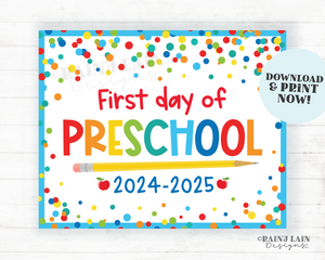 First day of Preschool Sign Back to School Printable 1st day of Pre School Picture Photo Prop Instant Download Blue Confetti