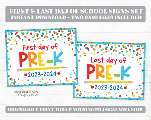 First and Last Day of Pre-K Sign Set 1st Day of Pre-Kindergarten PreK Printable Back to School Picture Photo Prop Blue Confetti Bundle