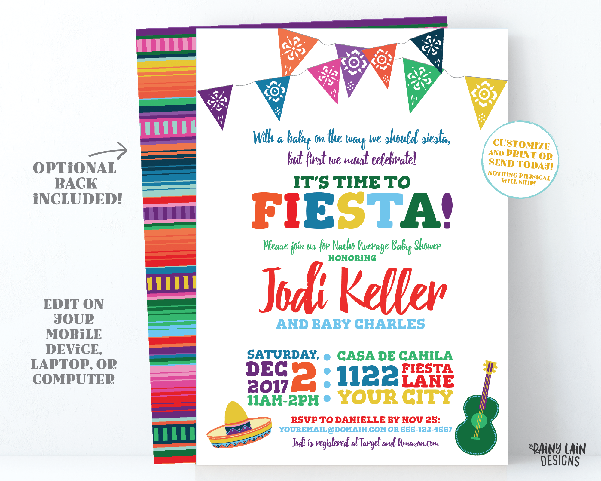 Editable Baby Shower Fiesta Invitation, No time to siesta Invites, Boy, Mexican Sombrero, Serape, Ideas, Printable, Digital Download