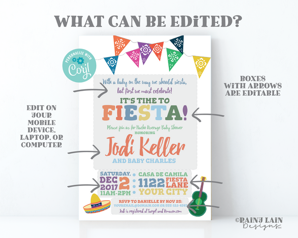 Editable Baby Shower Fiesta Invitation, No time to siesta Invites, Boy, Mexican Sombrero, Serape, Ideas, Printable, Digital Download