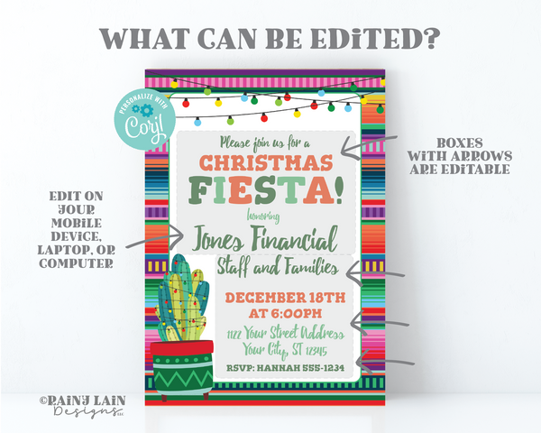 Holiday Fiesta Invitation, Christmas Fiesta Invite, Holiday Party, Christmas Party Invite, Cactus, Christmas Lights, Serape, Printable