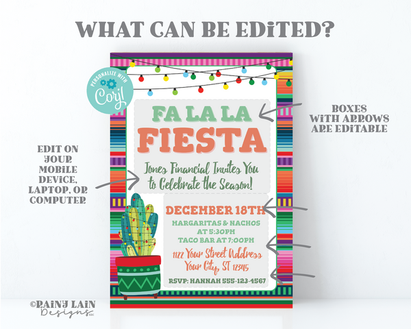Fa La La Fiesta Invitation Editable Holiday Fiesta Invites Christmas Party Holiday Lights Cactus, Christmas Lights Serape Printable, Digital