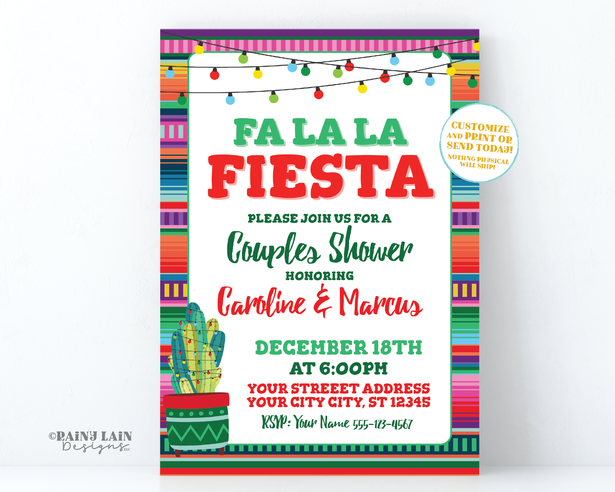 Editable Couples Shower Fiesta Invite Holiday Fa La La Fiesta Invitation Christmas Shower Lights Cactus Serape Printable, Digital