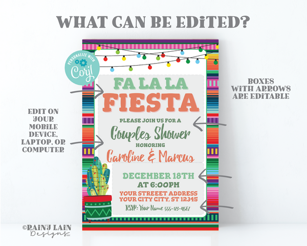 Editable Couples Shower Fiesta Invite Holiday Fa La La Fiesta Invitation Christmas Shower Lights Cactus Serape Printable, Digital