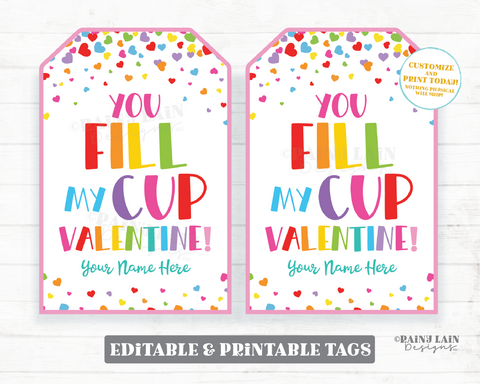 You Fill My Cup Valentine, Editable Valentine's Day Gift Tag, Mug, Reusable, Non-Candy, Classroom, From Teacher to Student, Friend Co-Worker