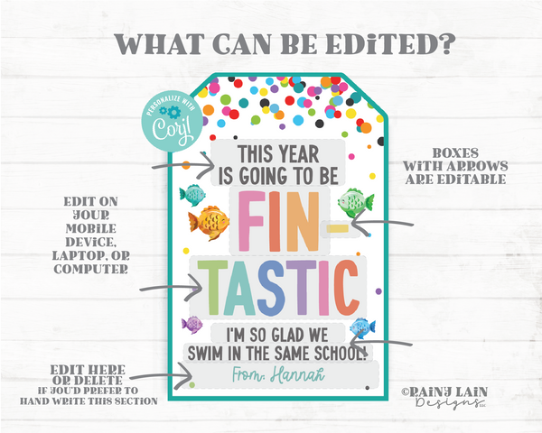 Fin-tastic School Year Tag, Editable, Back to School Goldfish Gift O Fish Ally, 1st, First Day, To Student from Teacher, Confetti, PTO PTA