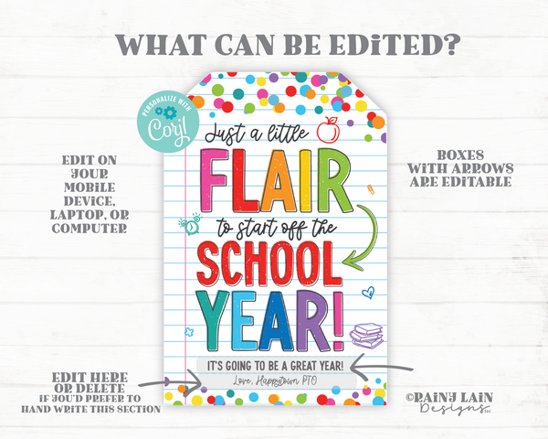 First Day of School Flair Gift Tag, Printable First Day of School Teacher Gift Tag, Teacher Gift Tag from PTO, Downloadable