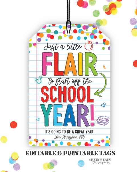 First Day of School Flair Gift Tag, Printable First Day of School Teacher Gift Tag, Teacher Gift Tag from PTO, Downloadable