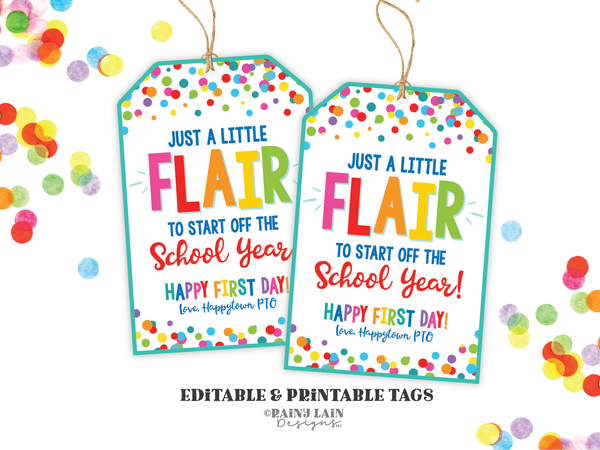 Printable First Day of School Teacher Gift Tag, First Day of School Flair Gift Tag, Teacher Gift Tag from PTO, Downloadable Tag