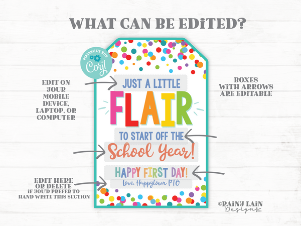 Printable First Day of School Teacher Gift Tag, First Day of School Flair Gift Tag, Teacher Gift Tag from PTO, Downloadable Tag