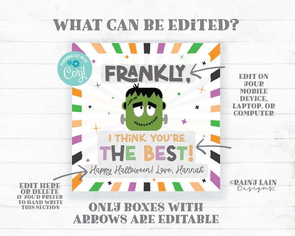 Frankly You're The Best, Editable Halloween Frankenstein Gift Tag, Teacher Student Halloween Appreciation, Trick Or Treat, Digital Download