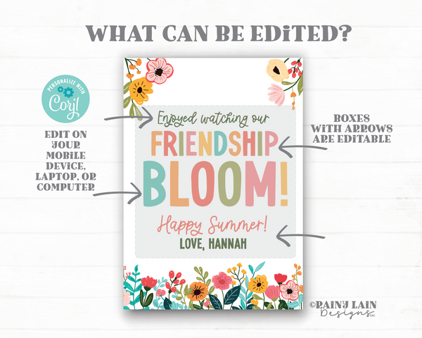 Friendship Bloom Gift Tag, Editable Student Tags, Summer Classmate Gift Tags, Spring Classroom, Flowers, Floral, PTO gift tags