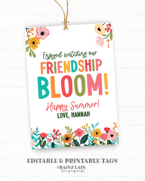 Friendship Bloom Gift Tag, Editable Student Tags, Summer Classmate Gift Tags, Spring Classroom, Flowers, Floral, PTO gift tags