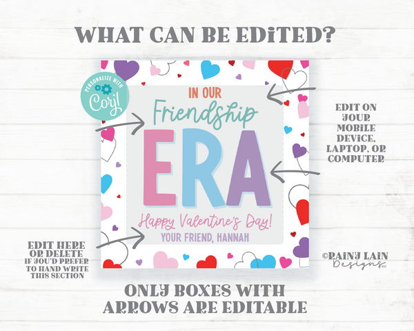 Friendship Bracelet Valentine, Era, Editable Valentine's Day Tag, Square, Non-Candy Gift Preschool Classroom Printable Digital Download