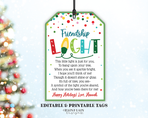 Editable Friendship Light Gift Tag, Christmas Ornament, Printable Light of Friendship, DIY Ornament Gift Tag, Friend Gift