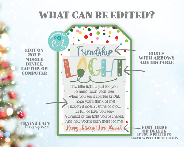 Editable Friendship Light Gift Tag, Christmas Ornament, Printable Light of Friendship, DIY Ornament Gift Tag, Friend Gift