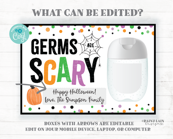 Germs are Scary Hand Sanitizer Card, Printable Halloween Gift Tag, Editable Hand Sanitizer, Teacher Gift Ideas, PTO PTA