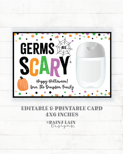 Germs are Scary Hand Sanitizer Card, Printable Halloween Gift Tag, Editable Hand Sanitizer, Teacher Gift Ideas, PTO PTA