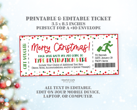Christmas Trip Ticket Template, Editable Holiday Gift Printable Boarding Pass Travel Voucher Vacation Airplane New York, Las Vegas Hawaii LA