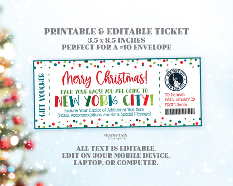 New York Trip Ticket Template Christmas Editable Holiday Gift Ticket Surprise NYC Vacation Boarding Pass Instant Digital Download