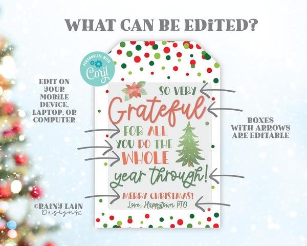 Grateful for all you do whole year through Christmas gift tag, Appreciate Holiday Appreciation, Favor Treat Teacher Staff, Co-Worker, School