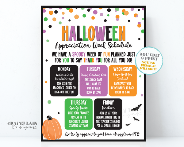 Editable Halloween Appreciation Week Schedule Flyer Itinerary Luncheon Invitation Invite Week of Spooky Volunteer Staff Teacher Spooktacular