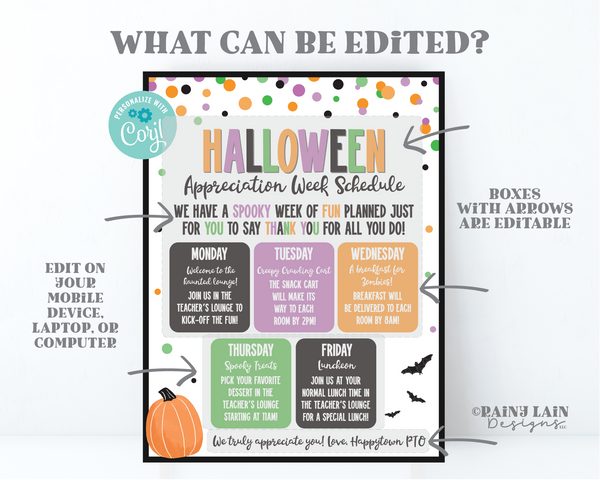Editable Halloween Appreciation Week Schedule Flyer Itinerary Luncheon Invitation Invite Week of Spooky Volunteer Staff Teacher Spooktacular