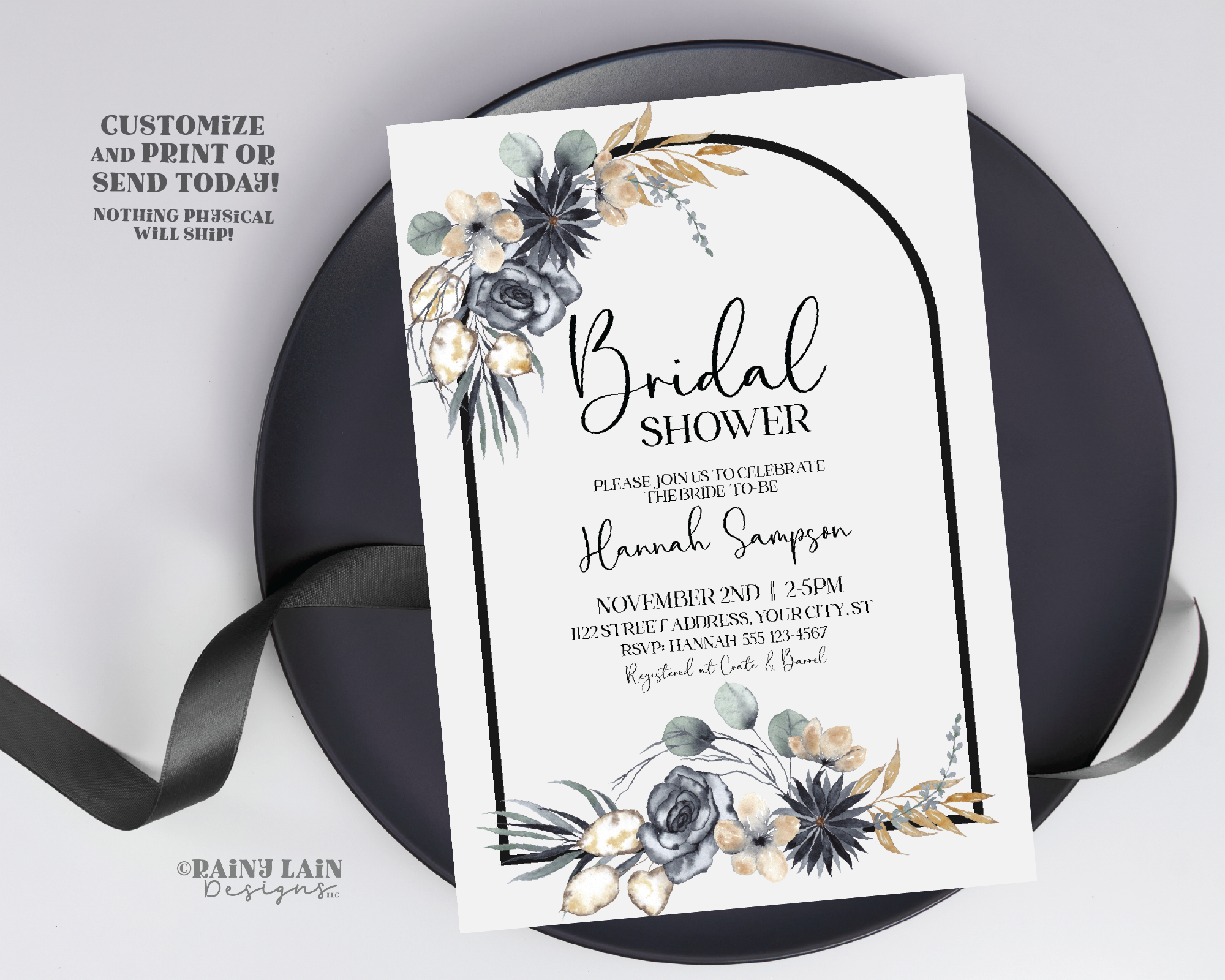 Halloween Bridal Shower Invitation Template, Editable Gothic Bridal Shower Invite, Vintage Black Floral,  Til Death Do Us Part Printable