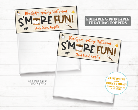 Halloween S'more fun zip sandwich bag topper Tag Favor Fold over Smores Teacher Classroom Student Preschool Classmate S'mores