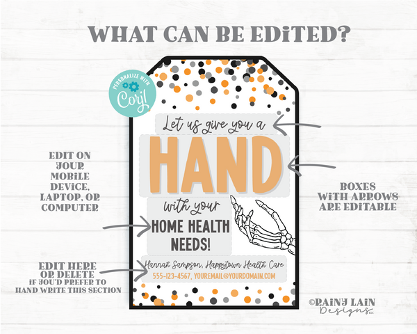 Editable Halloween Referral Gift Tag, Skeleton Give you a Hand with your Home Health Needs, Fall Marketing Printable, DIY Template