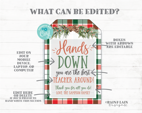 Hands Down You're the Best Around Tag Editable Christmas Sanitizer Gift Teacher Employee Holiday Staff Thank you Plaid Lotion Soap Gloves