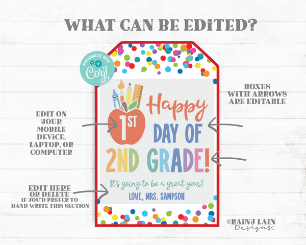 Happy First Day of School Tag Editable 1st Day of School ANY Grade Back to School Gift Classroom Student From Teacher Favor PTO Kindergarten
