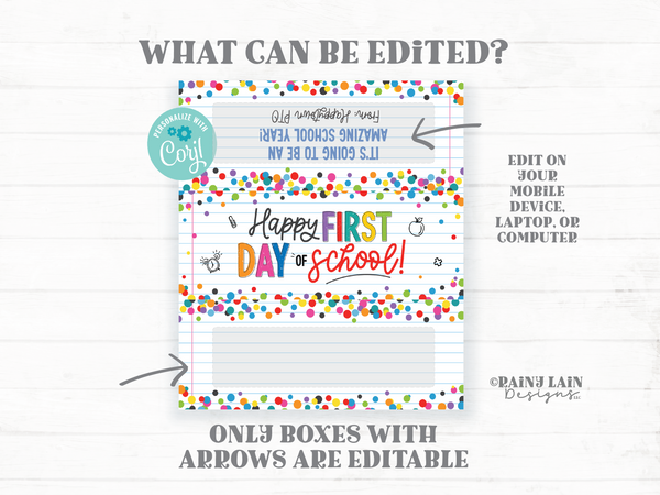 Happy First Day of School Teacher Candy Bar Wrapper Printable, Back to School Chocolate Bar Wrapper, Downloadable Gifts from PTO