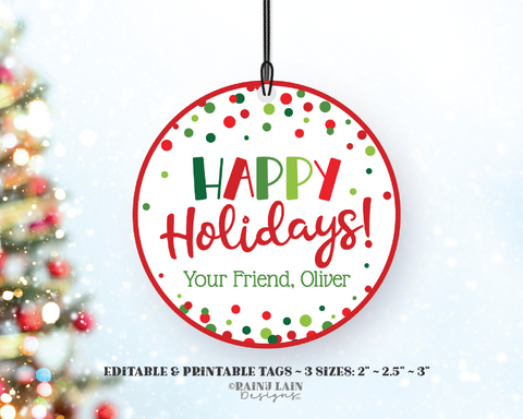 Editable Happy Holidays Tag Round Holiday Gift Appreciation Thank You Christmas Confetti Co-Worker Staff Corporate Teacher Friend Neighbor
