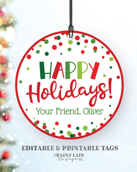 Editable Happy Holidays Tag Round Holiday Gift Appreciation Thank You Christmas Confetti Co-Worker Staff Corporate Teacher Friend Neighbor