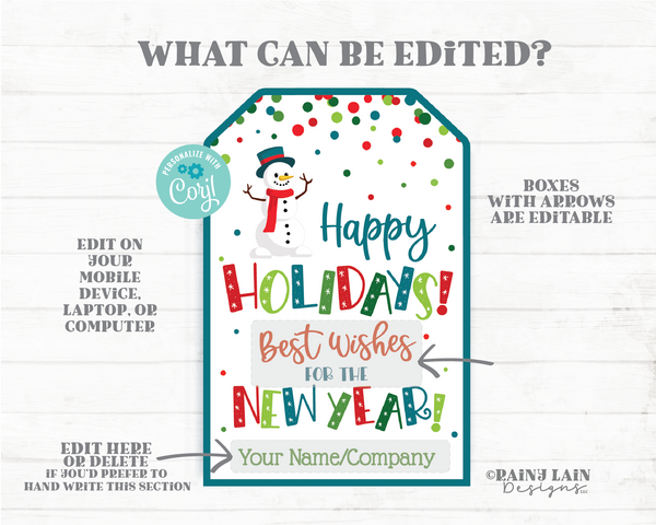 Happy Holidays Tags Best Wishes for the New Year Printable Christmas Editable Holiday Favor Tags Winter Snowman Confetti Holiday Tag