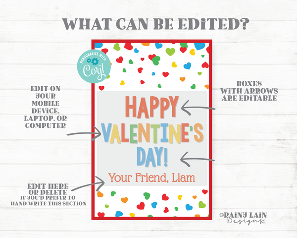 Happy Valentine's Day Tag, Editable Boy Simple Valentine Favor, Preschool, Classroom, Student Gift Printable Kids Ideas