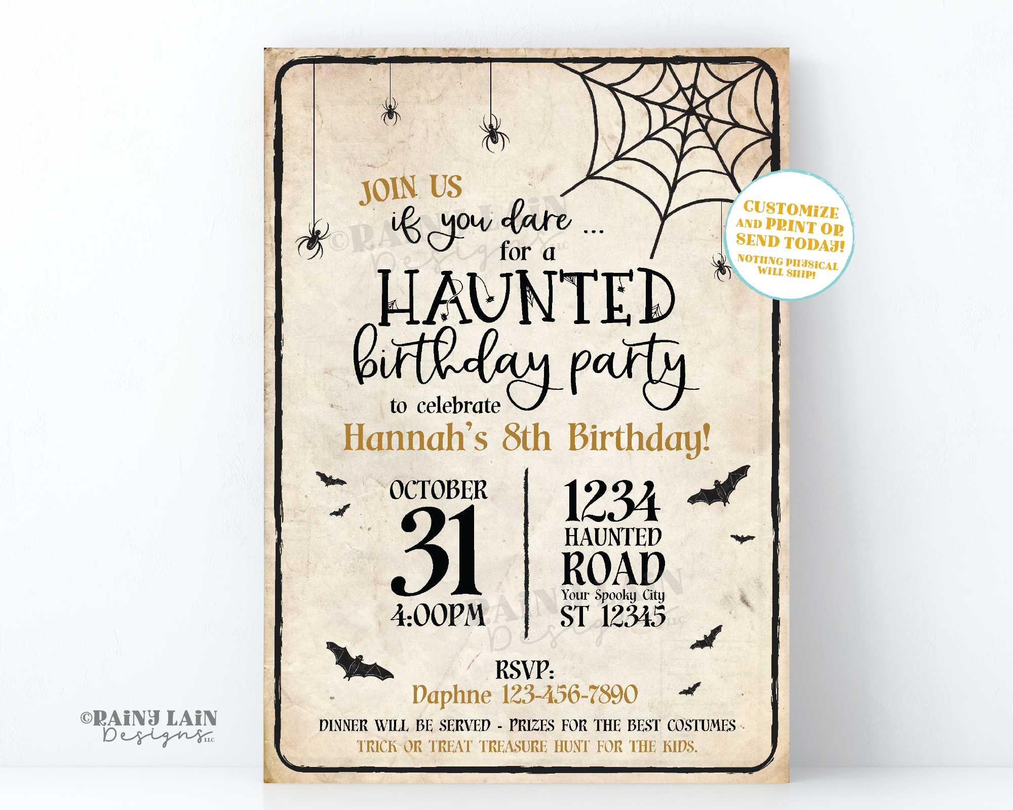 Halloween Birthday Party Invitation Haunted Birthday Invite Halloween party invitation Haunted house invitation spiders bats web vintage