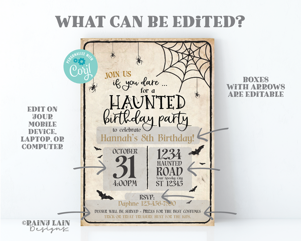 Halloween Birthday Party Invitation Haunted Birthday Invite Halloween party invitation Haunted house invitation spiders bats web vintage