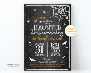 Halloween Housewarming Invitation Chalkboard Haunted Housewarming Invitation party invite Haunted house invitation spiders bats web Black