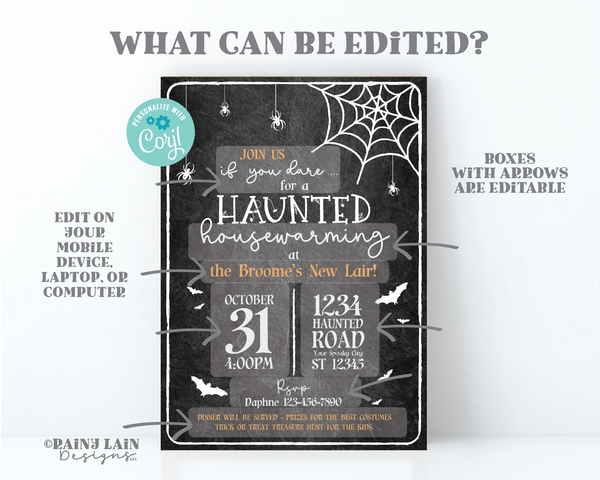 Halloween Housewarming Invitation Chalkboard Haunted Housewarming Invitation party invite Haunted house invitation spiders bats web Black