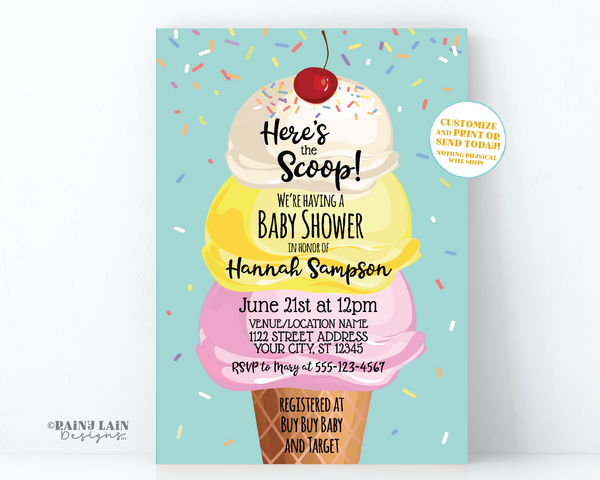 Ice Cream Baby Shower Invitation, Here's the Scoop Baby Shower Invite, Ice Cream Cone, Sprinkle, Ice Cream Social Invite, Ice Cream Invite