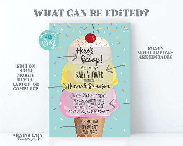 Ice Cream Baby Shower Invitation, Here's the Scoop Baby Shower Invite, Ice Cream Cone, Sprinkle, Ice Cream Social Invite, Ice Cream Invite