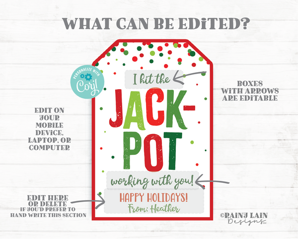 Hit the Jackpot Working With You Happy Holidays Tag Christmas Lottery Ticket Lotto Co-Worker Teacher Staff Employee PTO Gift Idea