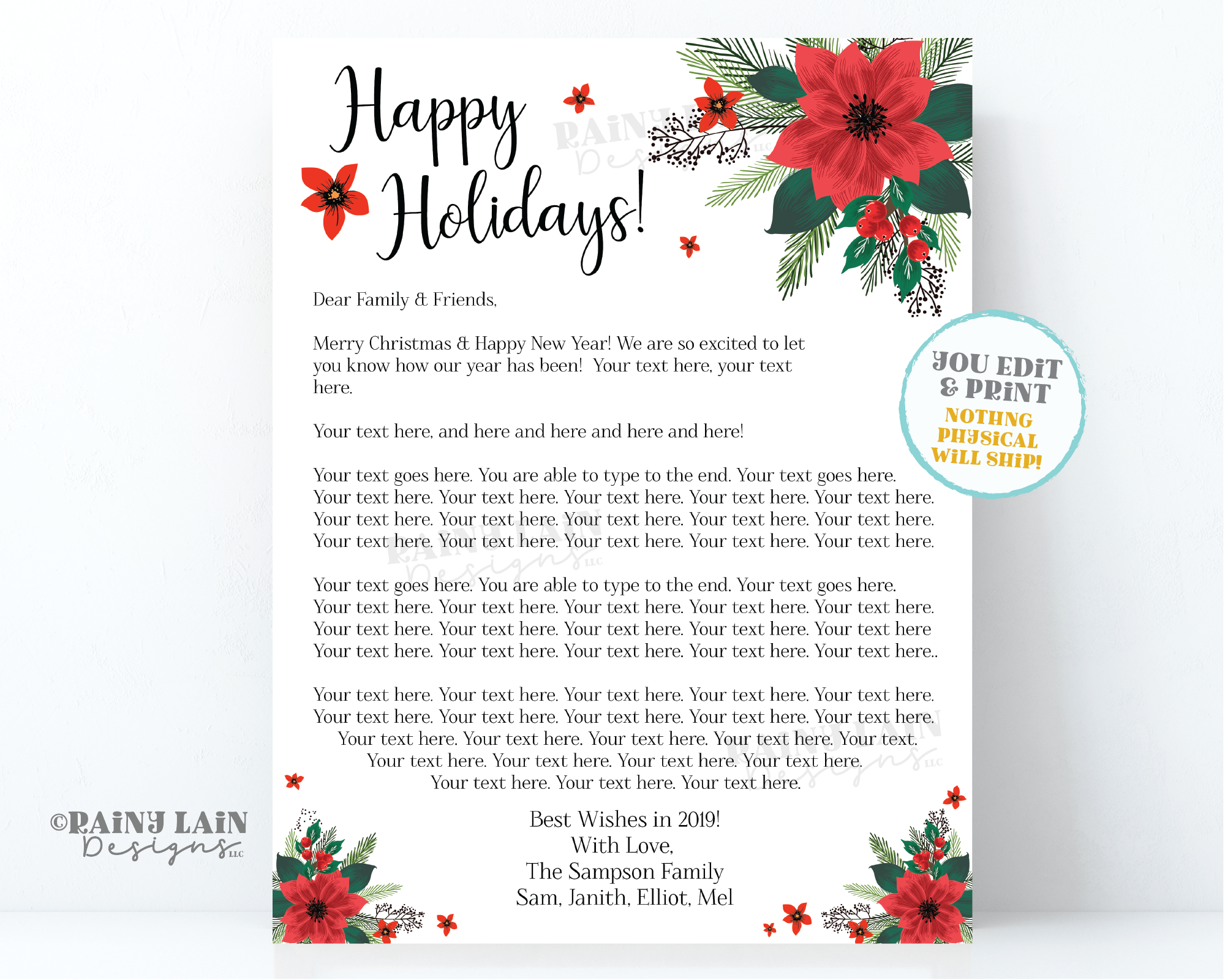 Year in Review Template Editable Christmas Newsletter Card Insert Happy Holidays Merry Christmas Poinsettia Printable DIY Letter