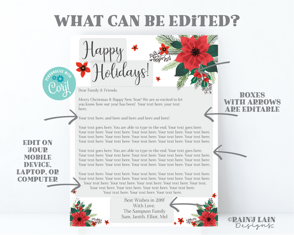 Year in Review Template Editable Christmas Newsletter Card Insert Happy Holidays Merry Christmas Poinsettia Printable DIY Letter