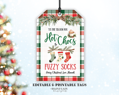 Hot Chocs And Fuzzy Socks Christmas Gift Tag Template, Printable Holiday Socks Editable Hot Cocoa, Xmas Favor, Teacher, Co-worker, PTO