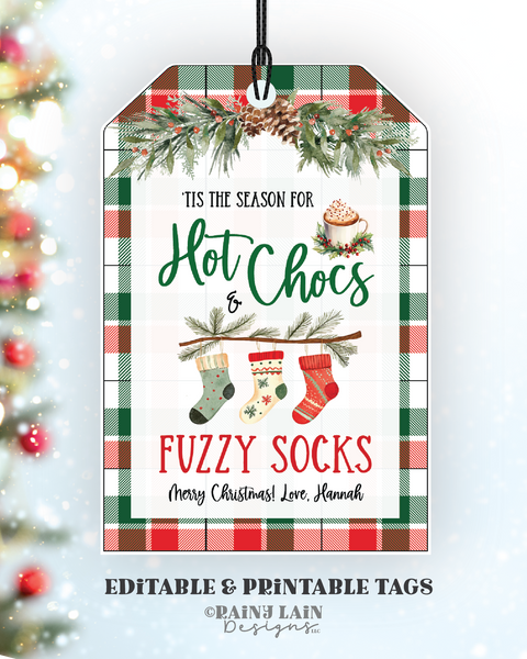 Hot Chocs And Fuzzy Socks Christmas Gift Tag Template, Printable Holiday Socks Editable Hot Cocoa, Xmas Favor, Teacher, Co-worker, PTO