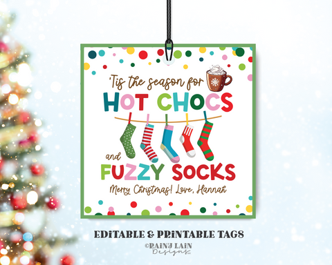 Editable Hot Chocs And Fuzzy Socks Christmas Gift Tag Template, Printable Holiday Socks Hot Cocoa, Xmas Favor, Teacher, PTO, Co-worker