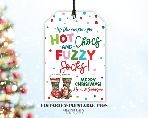 Editable Hot Cocoa and Socks Tag Template, Hot Chocs and Fuzzy Socks Christmas Gift, Printable Holiday, Xmas Favor, Teacher, Co-worker, PTO